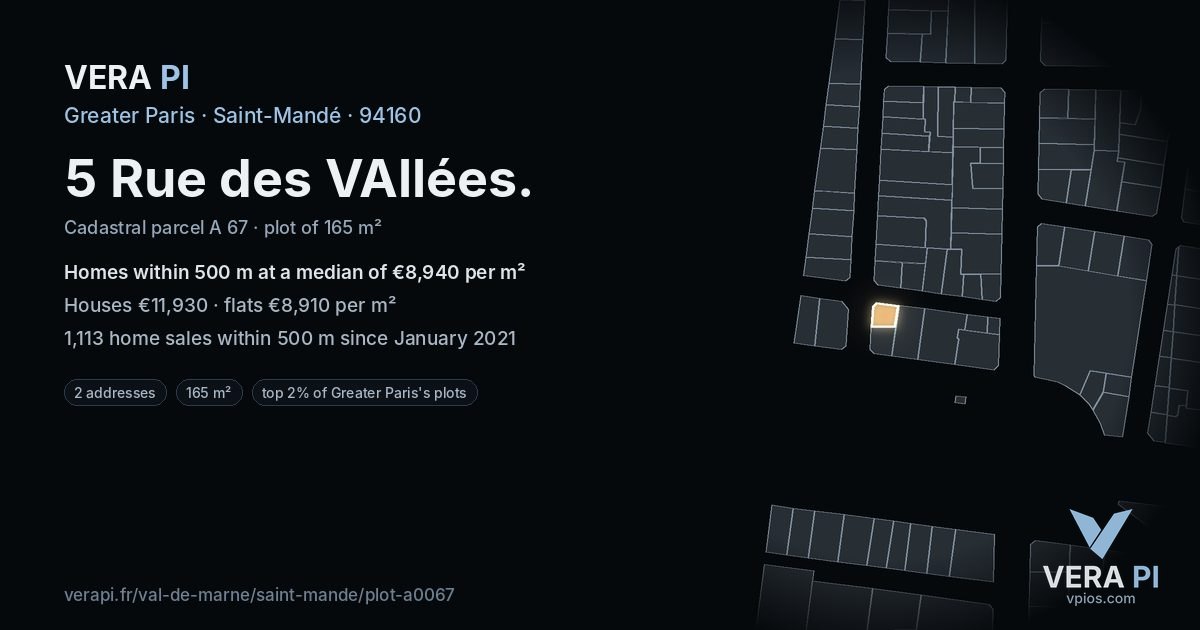 5 Rue des VAllées, Saint-Mandé at night – the plot lit, the parcels around coloured by the prices near them