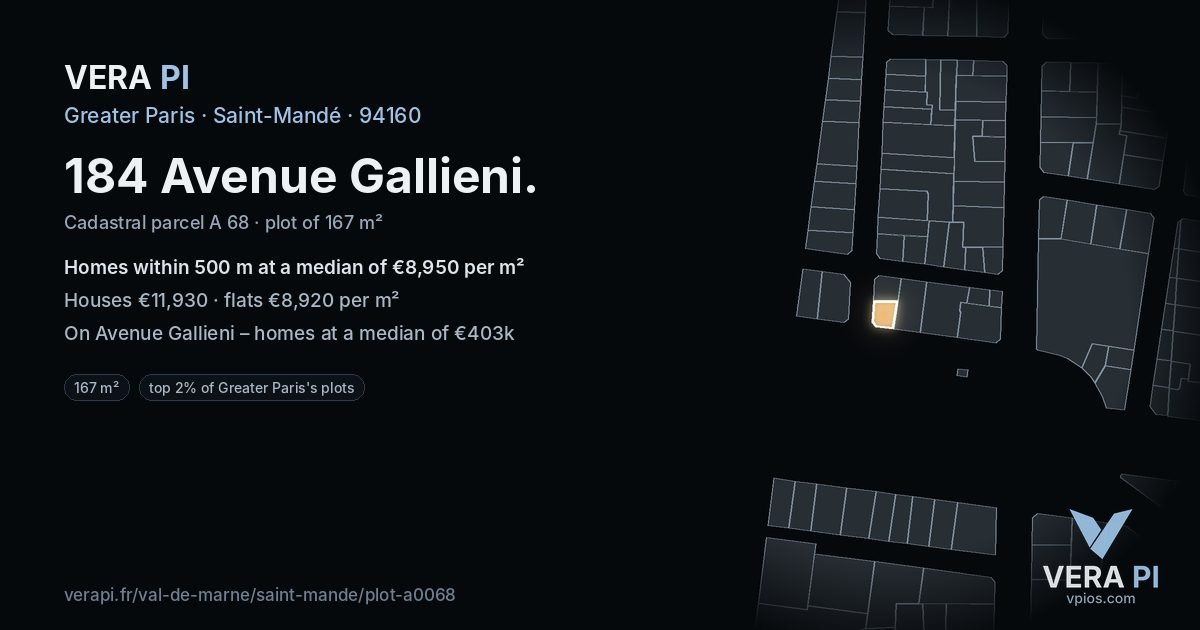 184 Avenue Gallieni, Saint-Mandé at night – the plot lit, the parcels around coloured by the prices near them