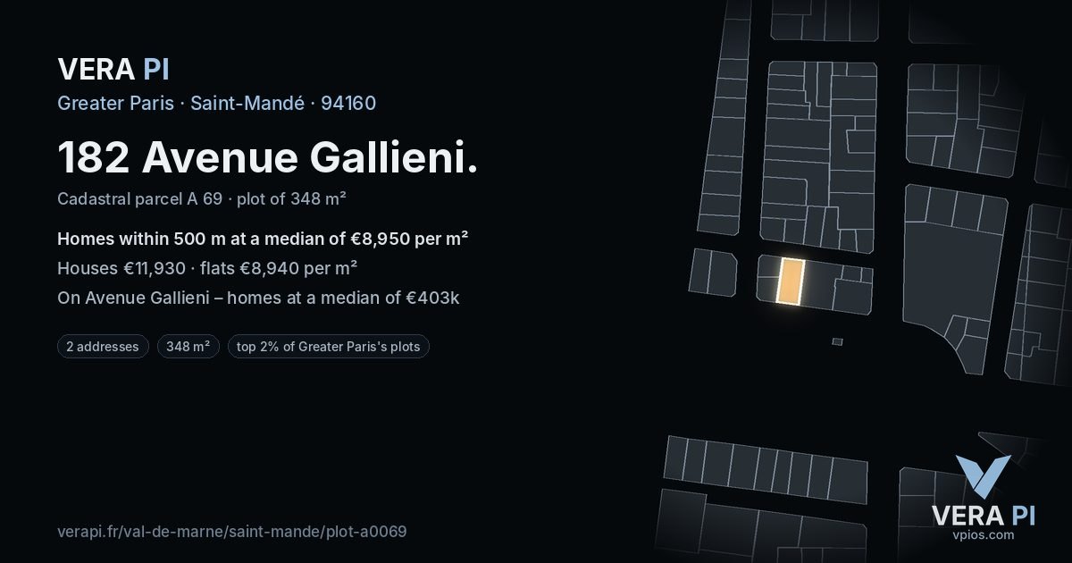 182 Avenue Gallieni, Saint-Mandé at night – the plot lit, the parcels around coloured by the prices near them