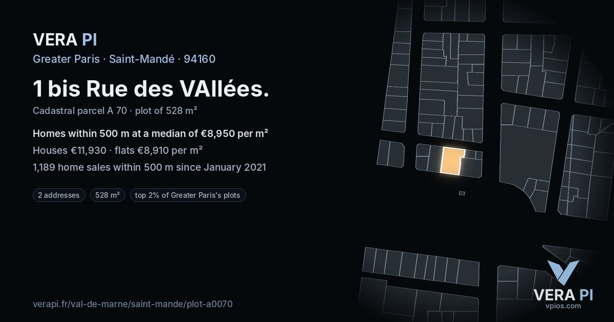 1 bis Rue des VAllées, Saint-Mandé at night – the plot lit, the parcels around coloured by the prices near them