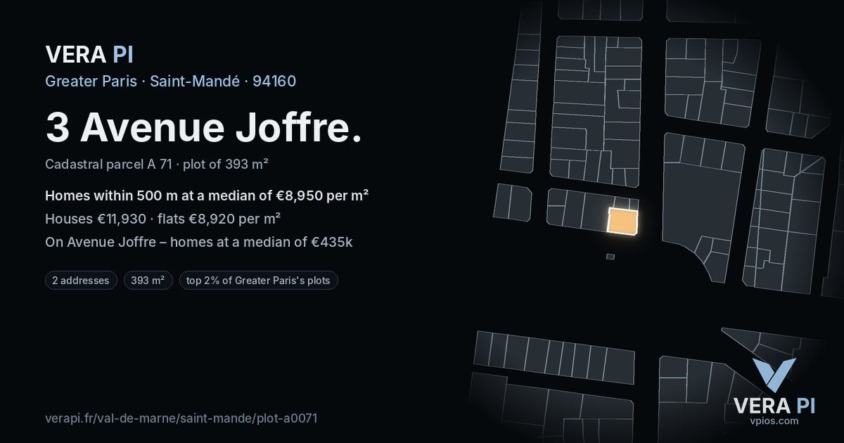 3 Avenue Joffre, Saint-Mandé at night – the plot lit, the parcels around coloured by the prices near them