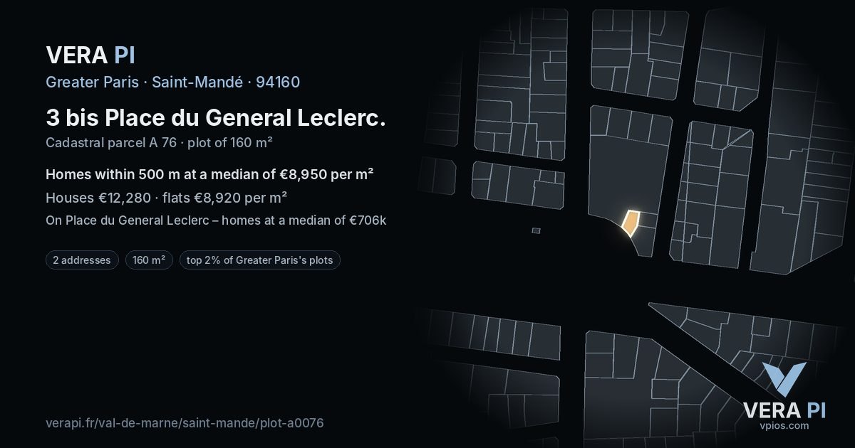 3 bis Place du General Leclerc, Saint-Mandé at night – the plot lit, the parcels around coloured by the prices near them