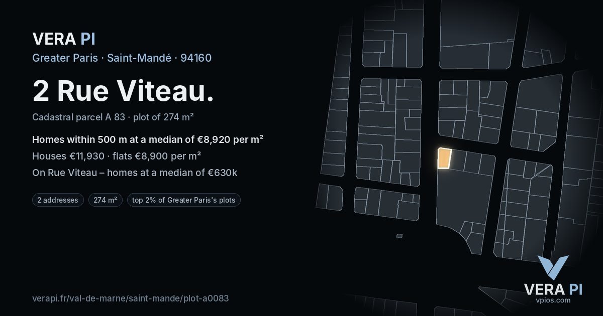 2 Rue Viteau, Saint-Mandé at night – the plot lit, the parcels around coloured by the prices near them
