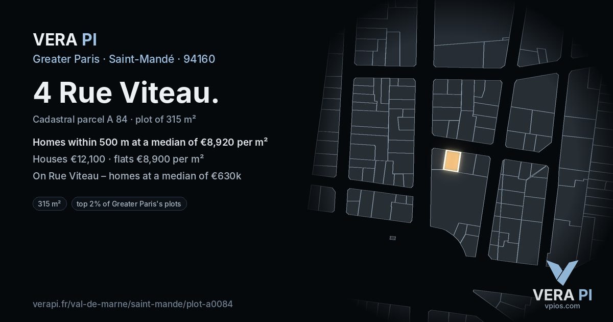 4 Rue Viteau, Saint-Mandé at night – the plot lit, the parcels around coloured by the prices near them