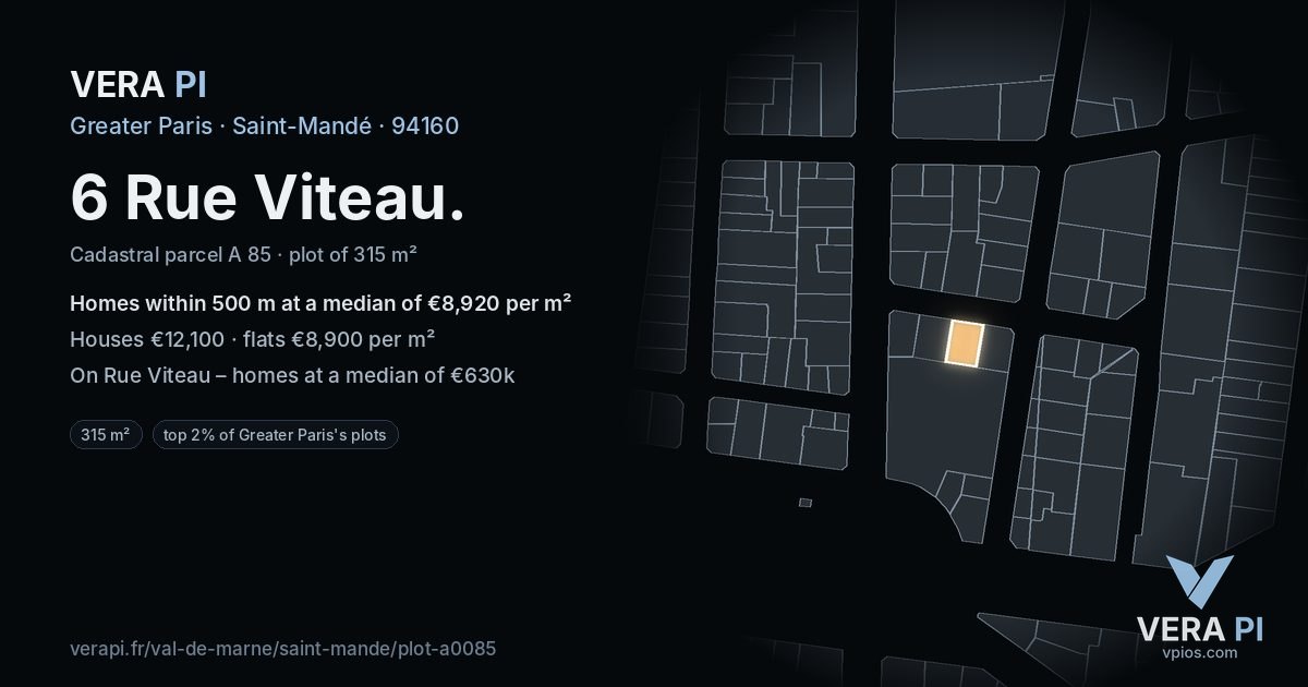 6 Rue Viteau, Saint-Mandé at night – the plot lit, the parcels around coloured by the prices near them