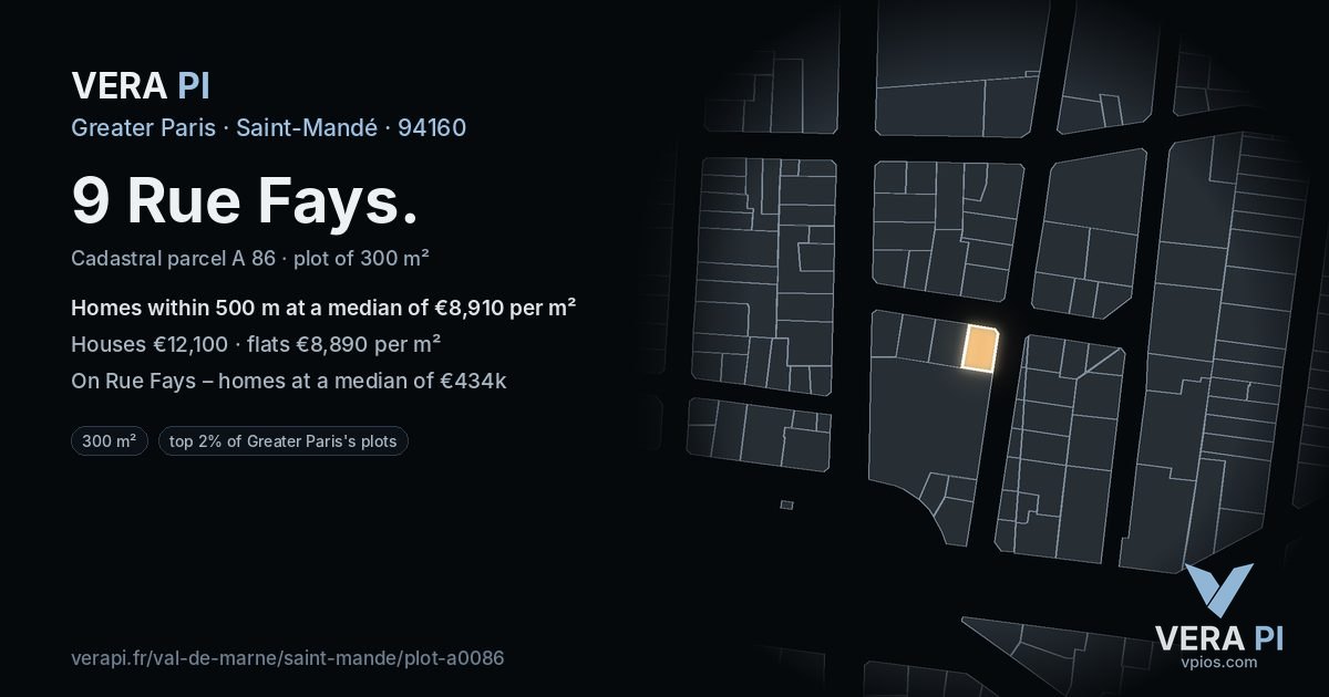9 Rue Fays, Saint-Mandé at night – the plot lit, the parcels around coloured by the prices near them