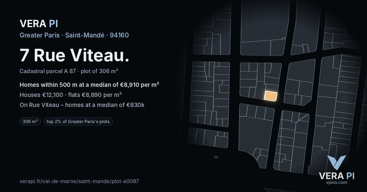 7 Rue Viteau, Saint-Mandé at night – the plot lit, the parcels around coloured by the prices near them