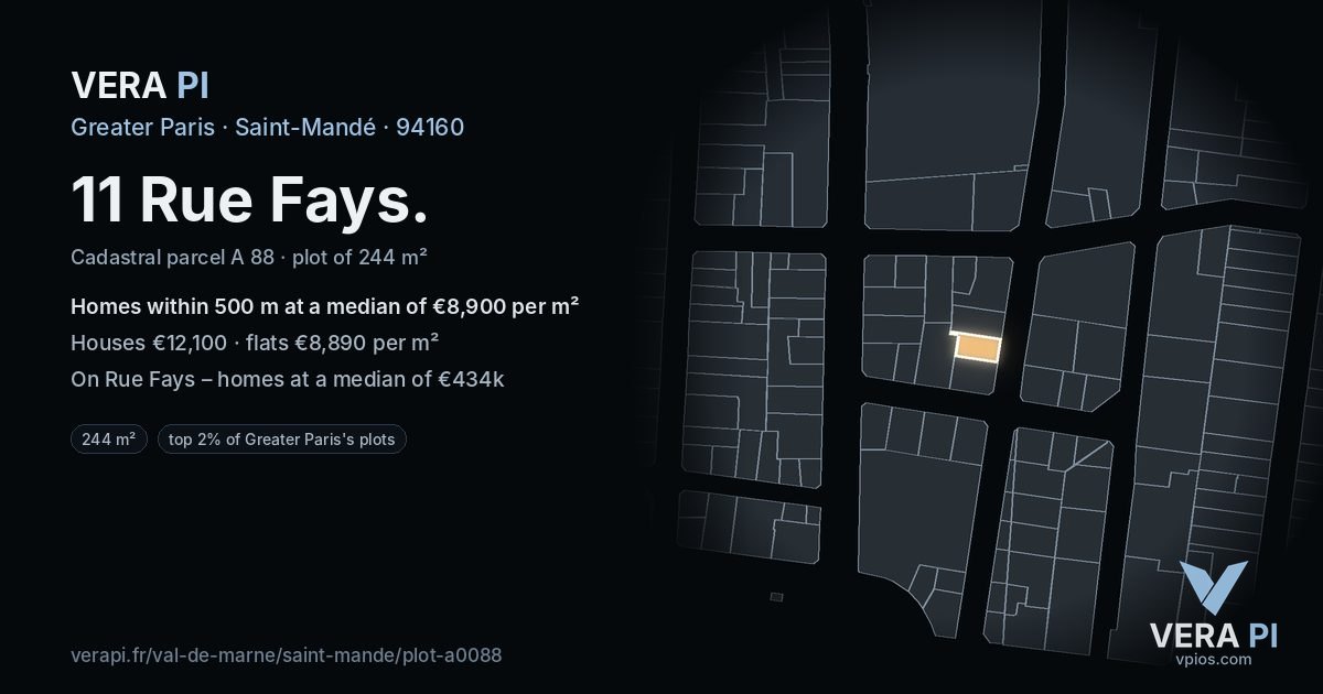 11 Rue Fays, Saint-Mandé at night – the plot lit, the parcels around coloured by the prices near them