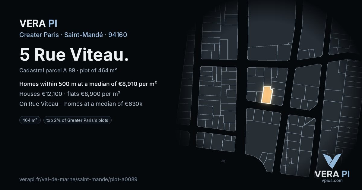 5 Rue Viteau, Saint-Mandé at night – the plot lit, the parcels around coloured by the prices near them