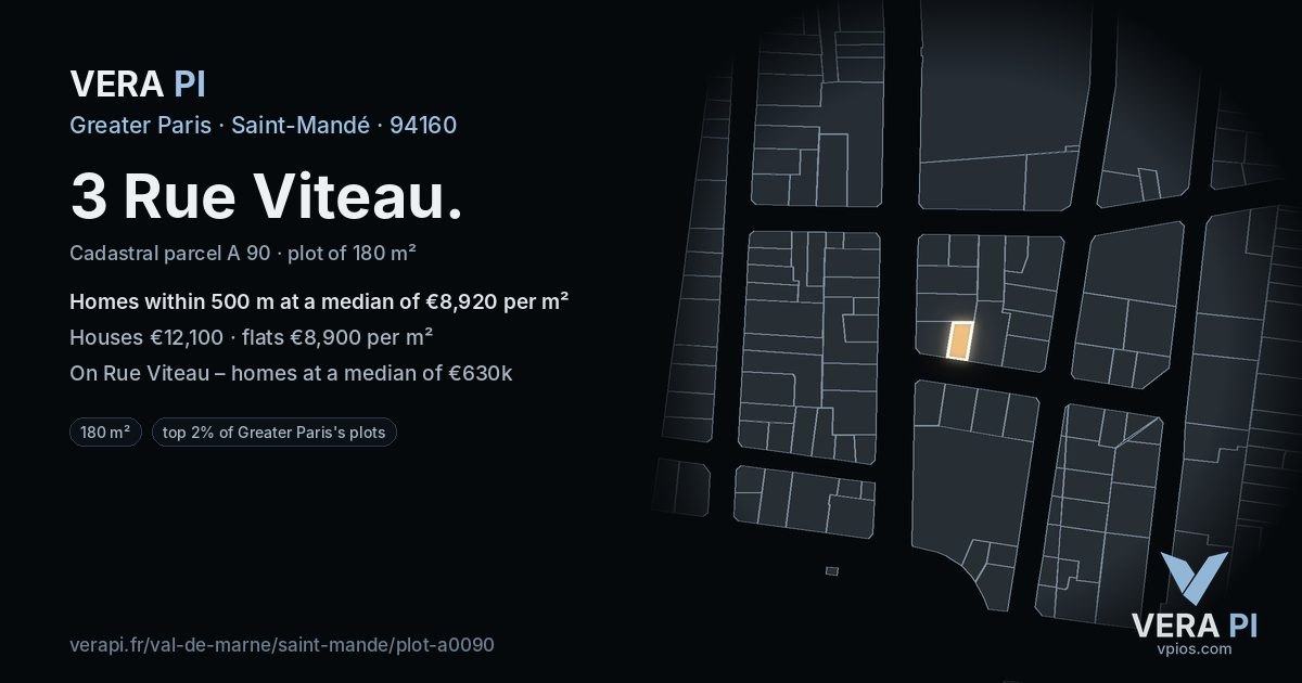 3 Rue Viteau, Saint-Mandé at night – the plot lit, the parcels around coloured by the prices near them