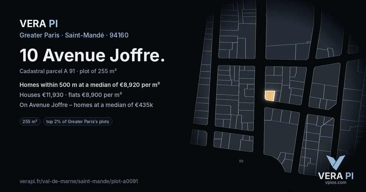 10 Avenue Joffre, Saint-Mandé at night – the plot lit, the parcels around coloured by the prices near them