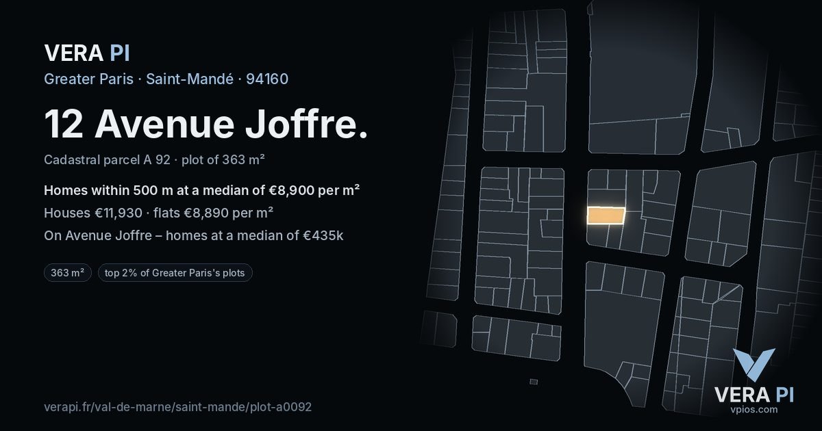 12 Avenue Joffre, Saint-Mandé at night – the plot lit, the parcels around coloured by the prices near them