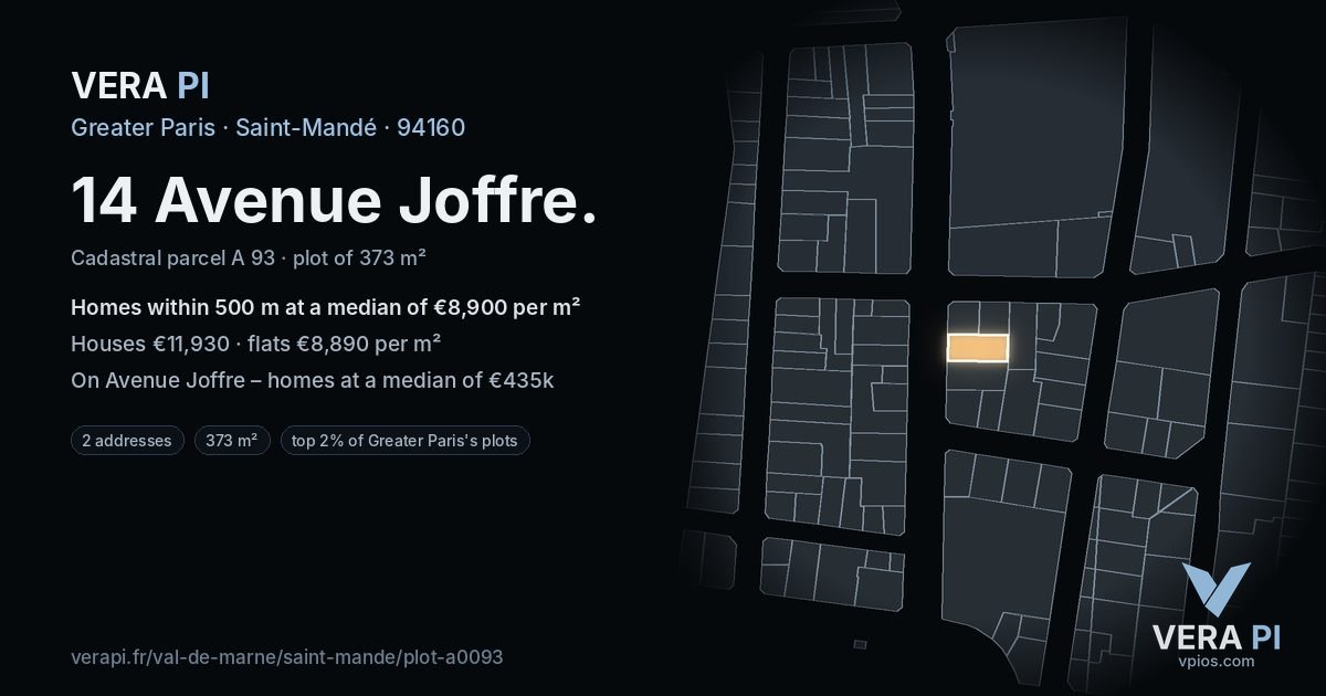 14 Avenue Joffre, Saint-Mandé at night – the plot lit, the parcels around coloured by the prices near them