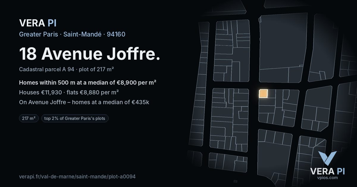 18 Avenue Joffre, Saint-Mandé at night – the plot lit, the parcels around coloured by the prices near them
