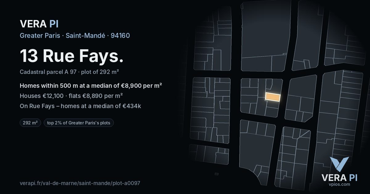 13 Rue Fays, Saint-Mandé at night – the plot lit, the parcels around coloured by the prices near them
