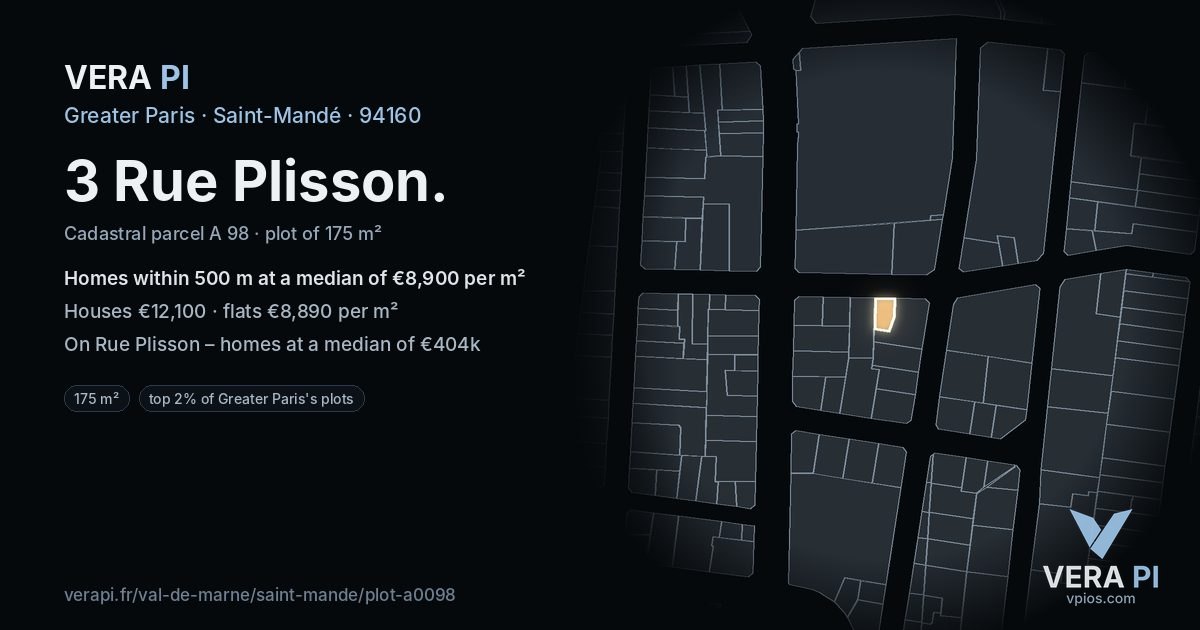 3 Rue Plisson, Saint-Mandé at night – the plot lit, the parcels around coloured by the prices near them