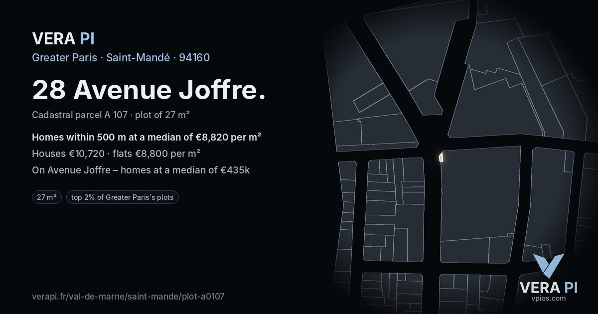 28 Avenue Joffre, Saint-Mandé at night – the plot lit, the parcels around coloured by the prices near them