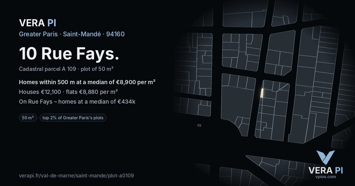 10 Rue Fays, Saint-Mandé at night – the plot lit, the parcels around coloured by the prices near them