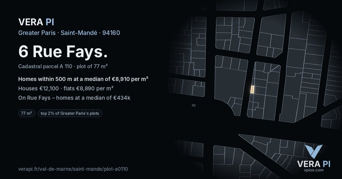 6 Rue Fays, Saint-Mandé at night – the plot lit, the parcels around coloured by the prices near them