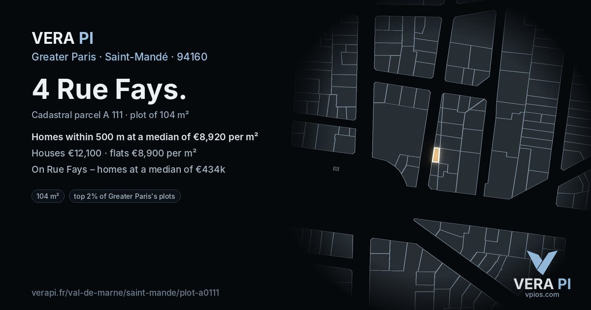 4 Rue Fays, Saint-Mandé at night – the plot lit, the parcels around coloured by the prices near them