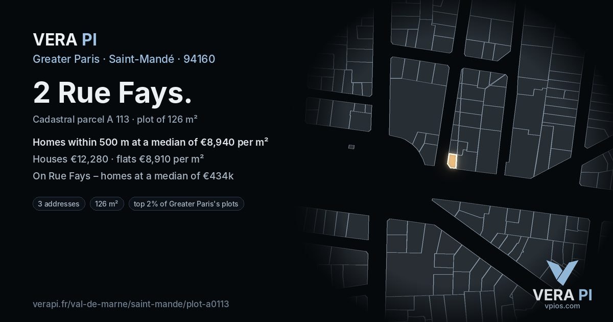 2 Rue Fays, Saint-Mandé at night – the plot lit, the parcels around coloured by the prices near them