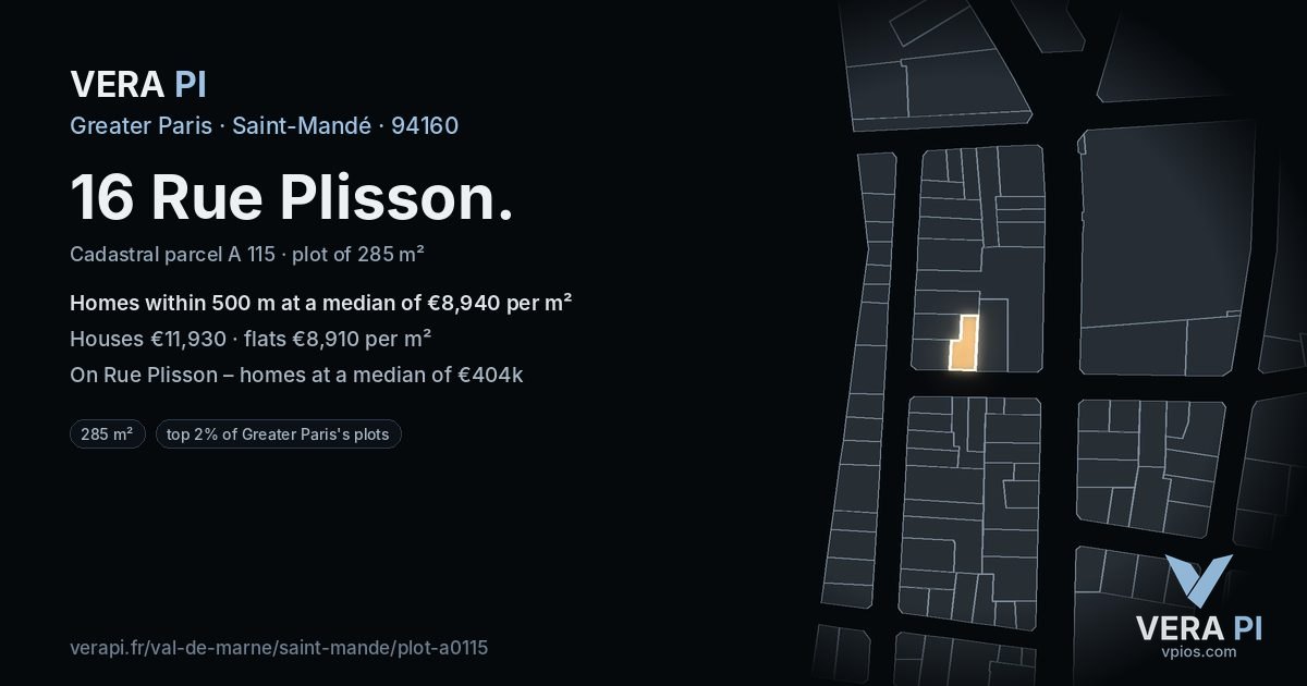 16 Rue Plisson, Saint-Mandé at night – the plot lit, the parcels around coloured by the prices near them