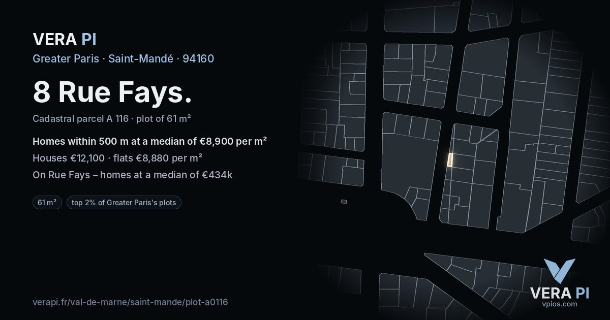 8 Rue Fays, Saint-Mandé at night – the plot lit, the parcels around coloured by the prices near them