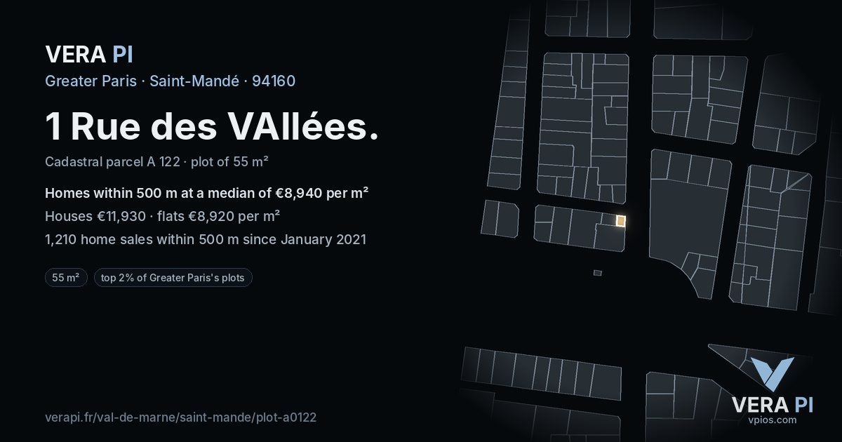 1 Rue des VAllées, Saint-Mandé at night – the plot lit, the parcels around coloured by the prices near them