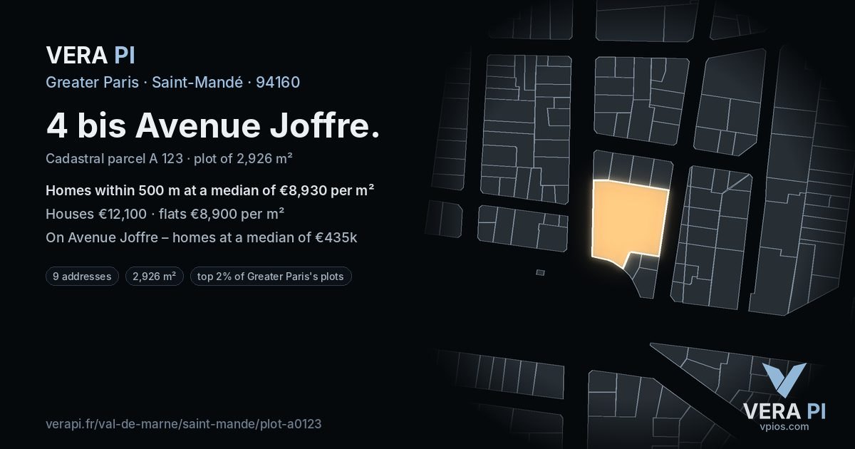 4 bis Avenue Joffre, Saint-Mandé at night – the plot lit, the parcels around coloured by the prices near them