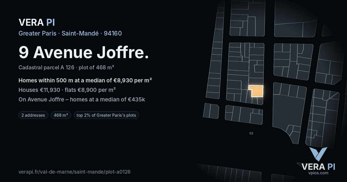 9 Avenue Joffre, Saint-Mandé at night – the plot lit, the parcels around coloured by the prices near them