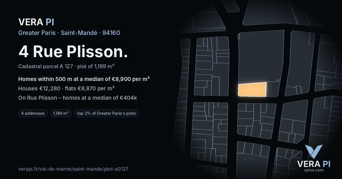 4 Rue Plisson, Saint-Mandé at night – the plot lit, the parcels around coloured by the prices near them