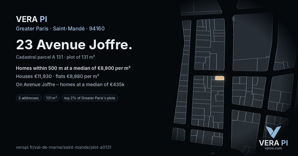 23 Avenue Joffre, Saint-Mandé at night – the plot lit, the parcels around coloured by the prices near them