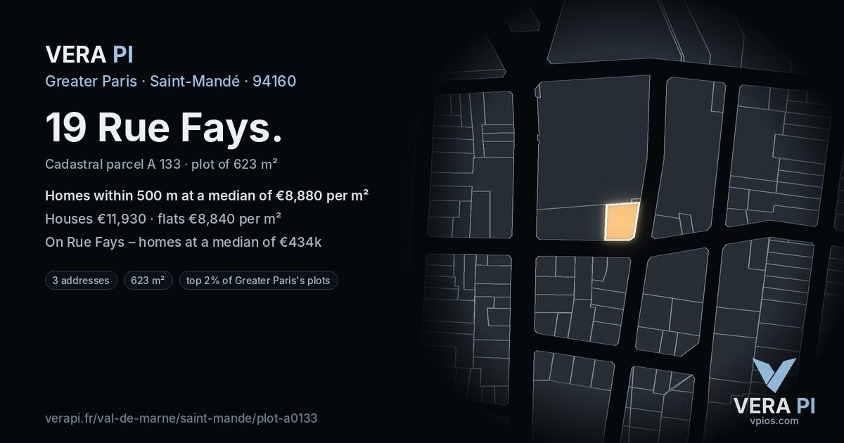 19 Rue Fays, Saint-Mandé at night – the plot lit, the parcels around coloured by the prices near them