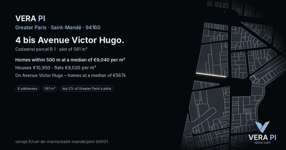 4 bis Avenue Victor Hugo, Saint-Mandé at night – the plot lit, the parcels around coloured by the prices near them