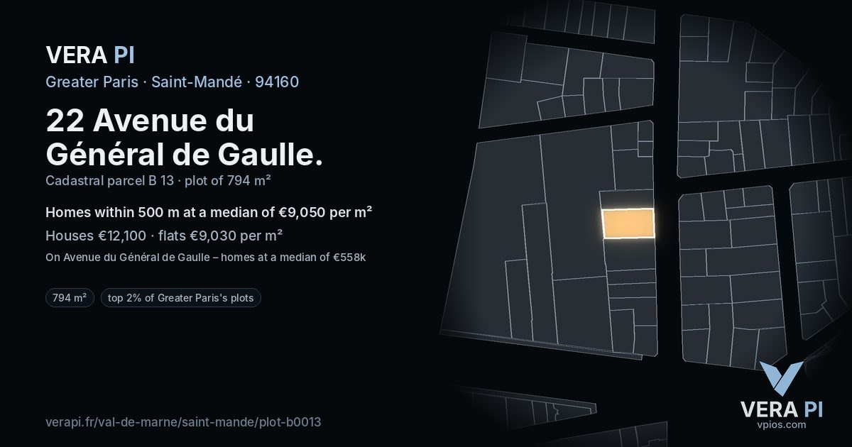 22 Avenue du Général de Gaulle, Saint-Mandé at night – the plot lit, the parcels around coloured by the prices near them