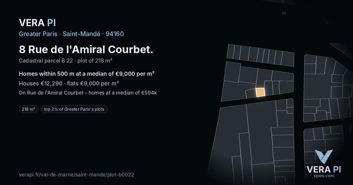 8 Rue de l'Amiral Courbet, Saint-Mandé at night – the plot lit, the parcels around coloured by the prices near them