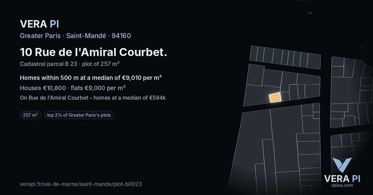 10 Rue de l'Amiral Courbet, Saint-Mandé at night – the plot lit, the parcels around coloured by the prices near them