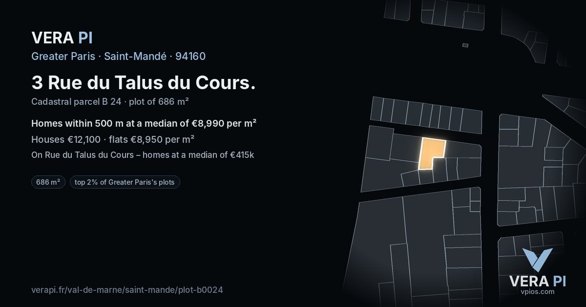 3 Rue du Talus du Cours, Saint-Mandé at night – the plot lit, the parcels around coloured by the prices near them