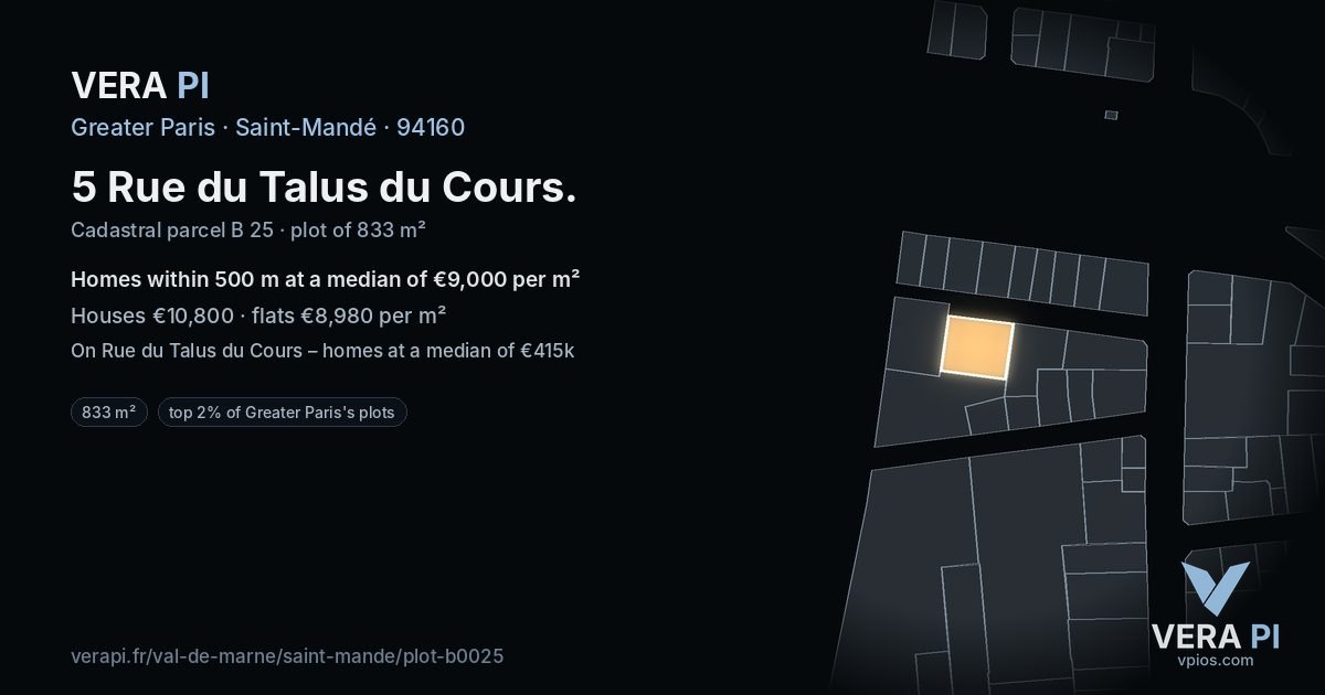5 Rue du Talus du Cours, Saint-Mandé at night – the plot lit, the parcels around coloured by the prices near them