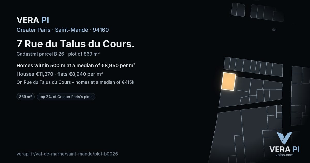 7 Rue du Talus du Cours, Saint-Mandé at night – the plot lit, the parcels around coloured by the prices near them