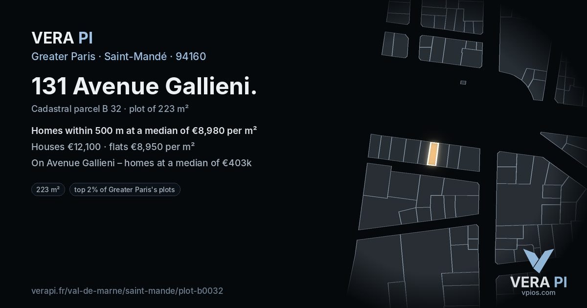 131 Avenue Gallieni, Saint-Mandé at night – the plot lit, the parcels around coloured by the prices near them