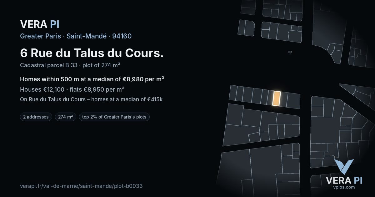 6 Rue du Talus du Cours, Saint-Mandé at night – the plot lit, the parcels around coloured by the prices near them