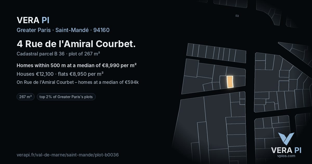 4 Rue de l'Amiral Courbet, Saint-Mandé at night – the plot lit, the parcels around coloured by the prices near them