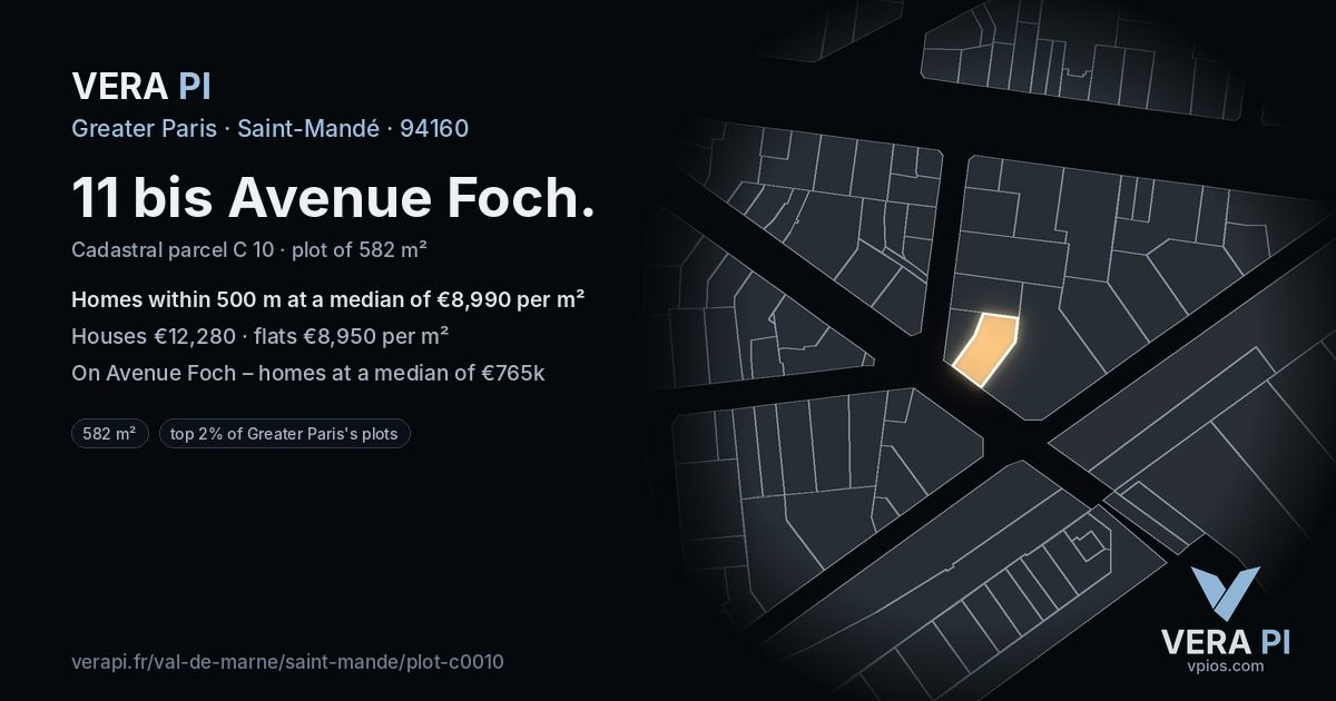 11 bis Avenue Foch, Saint-Mandé at night – the plot lit, the parcels around coloured by the prices near them