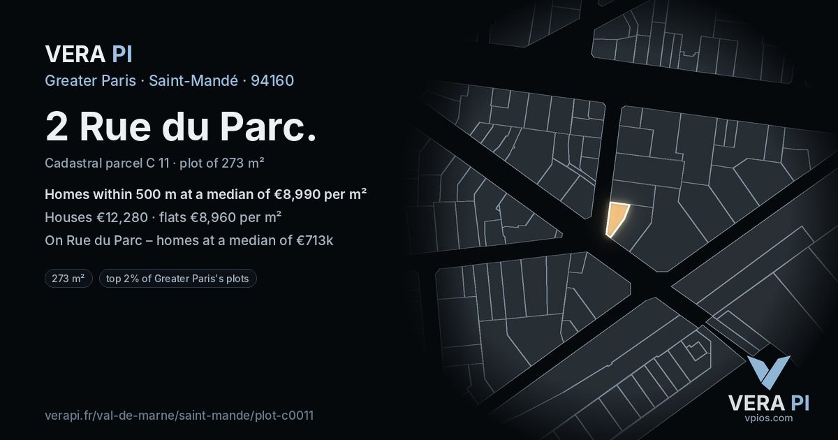 2 Rue du Parc, Saint-Mandé at night – the plot lit, the parcels around coloured by the prices near them