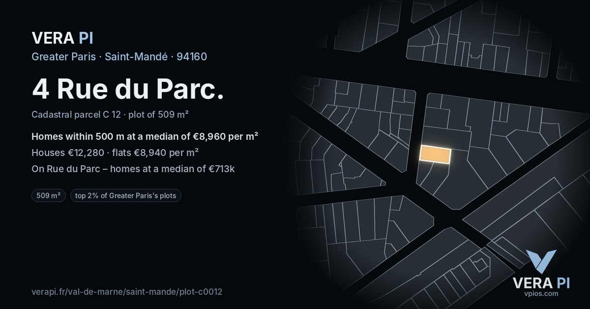 4 Rue du Parc, Saint-Mandé at night – the plot lit, the parcels around coloured by the prices near them