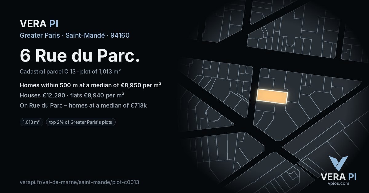 6 Rue du Parc, Saint-Mandé at night – the plot lit, the parcels around coloured by the prices near them