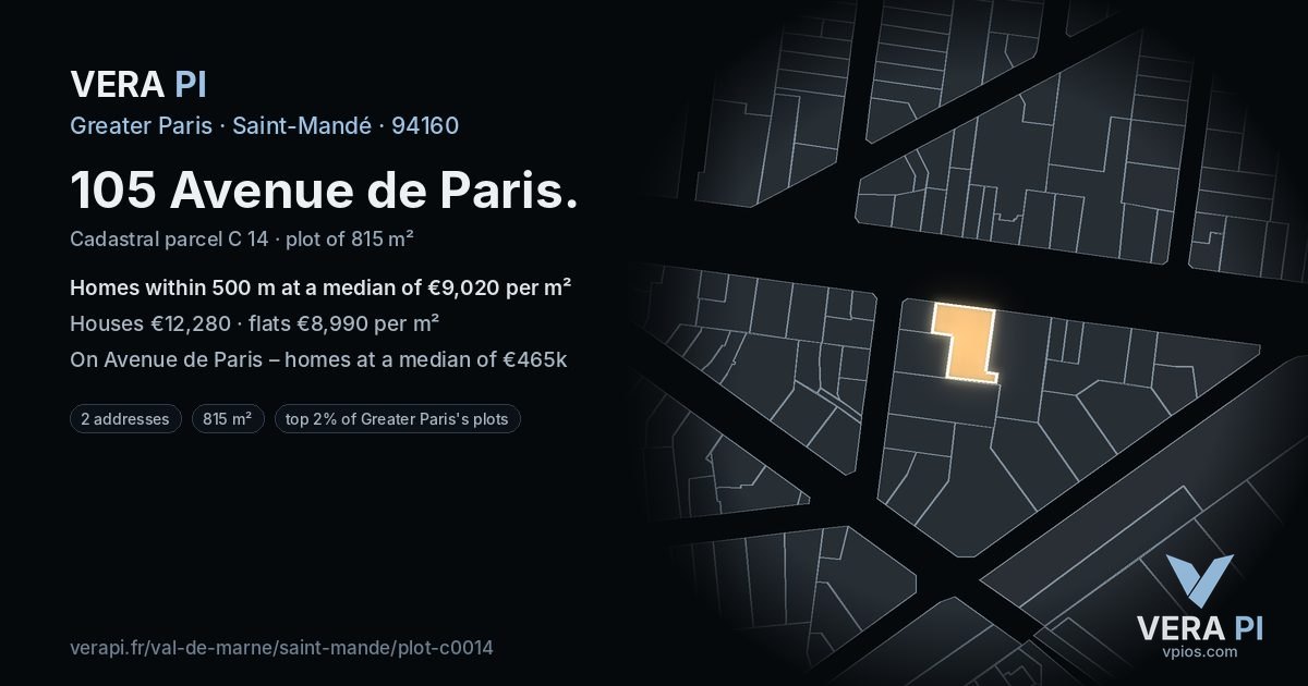 105 Avenue de Paris, Saint-Mandé at night – the plot lit, the parcels around coloured by the prices near them