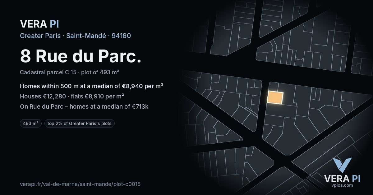 8 Rue du Parc, Saint-Mandé at night – the plot lit, the parcels around coloured by the prices near them