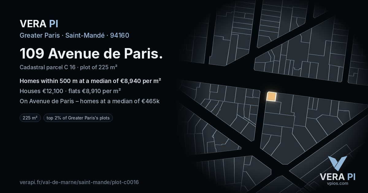 109 Avenue de Paris, Saint-Mandé at night – the plot lit, the parcels around coloured by the prices near them